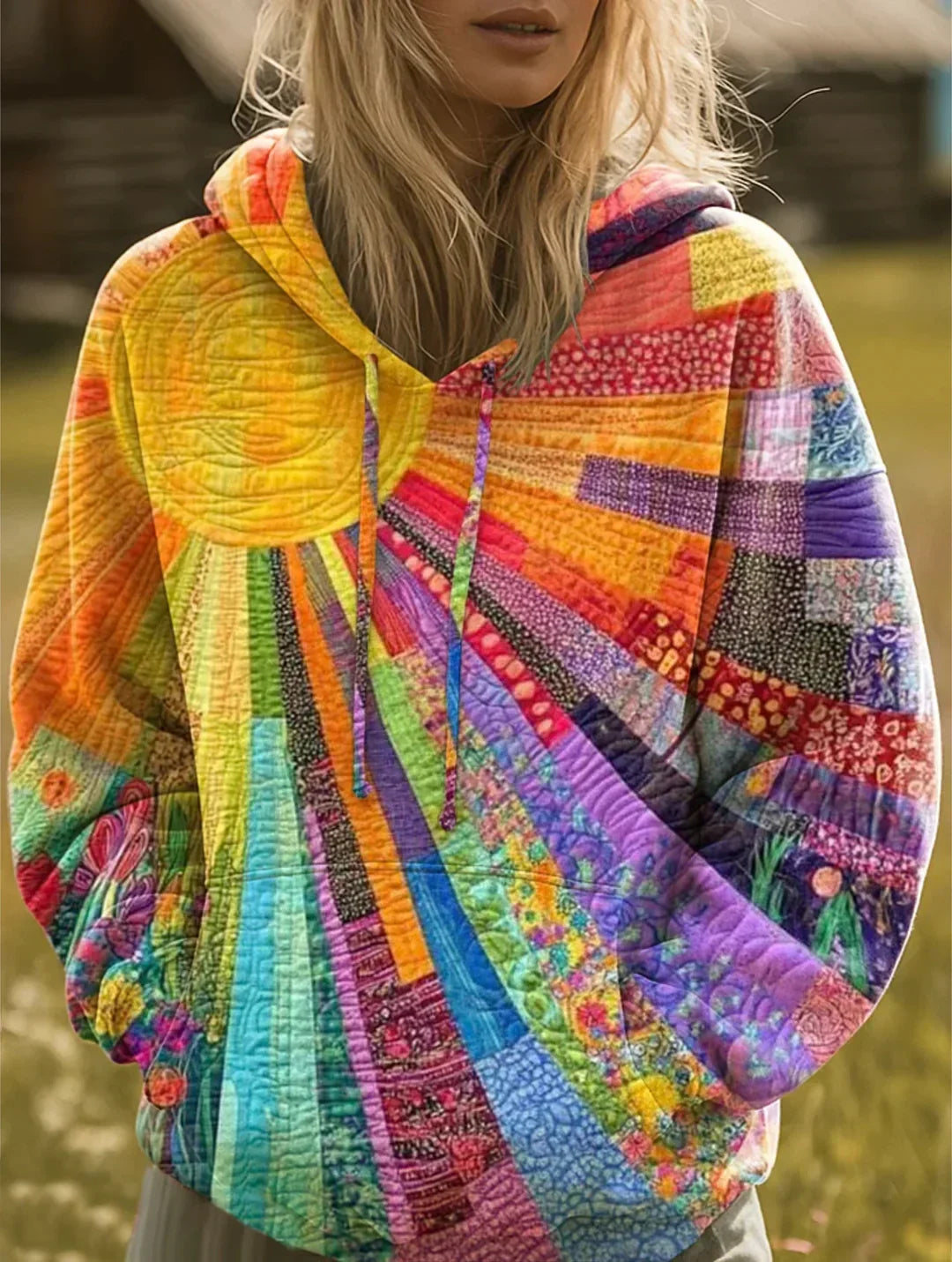 Women’s Bohemian Hoodie Relaxed Fit Patchwork Design 0