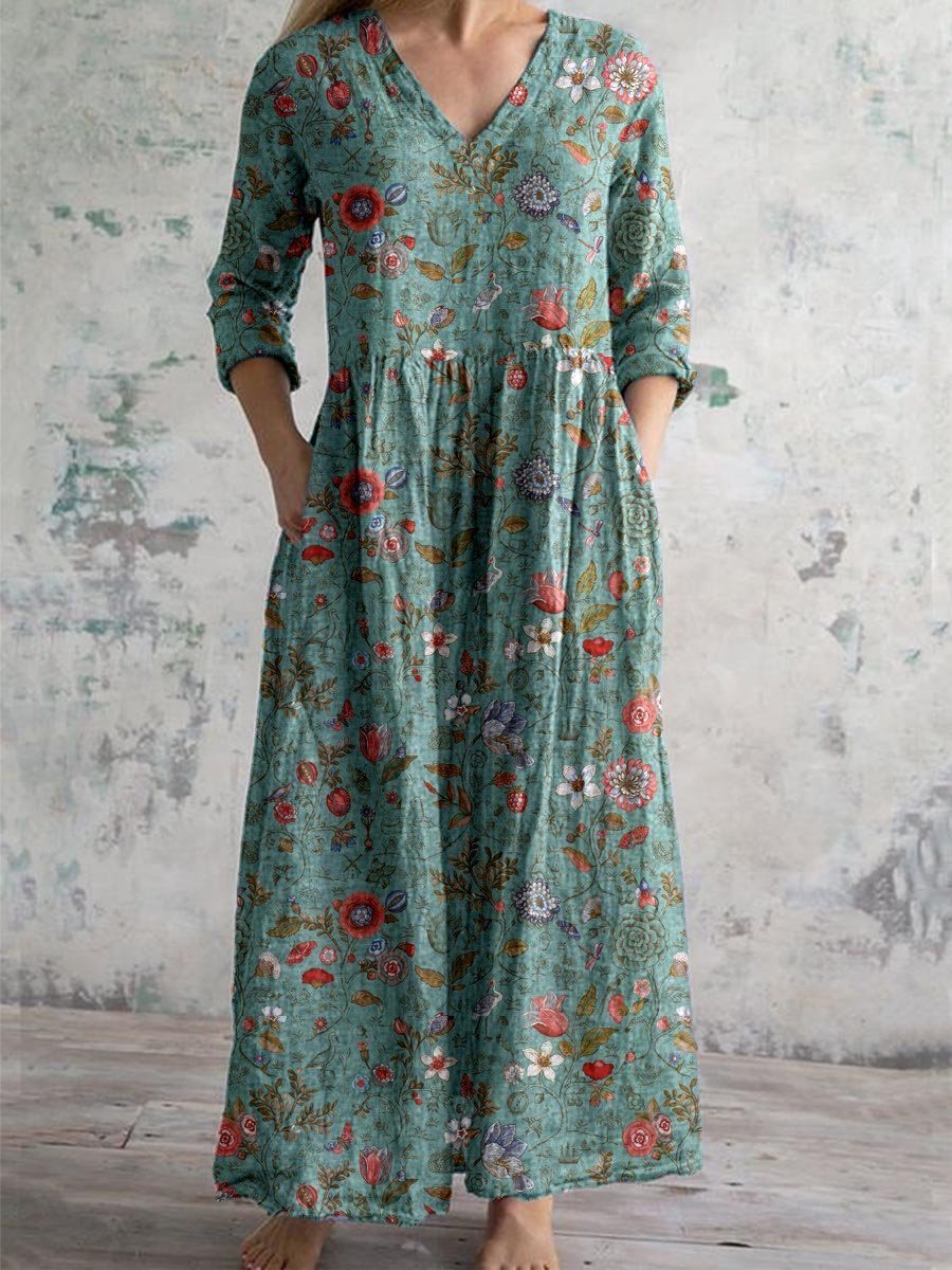 Women’s Bohemian Maxi Dress with Pockets and Wildflower Print 0
