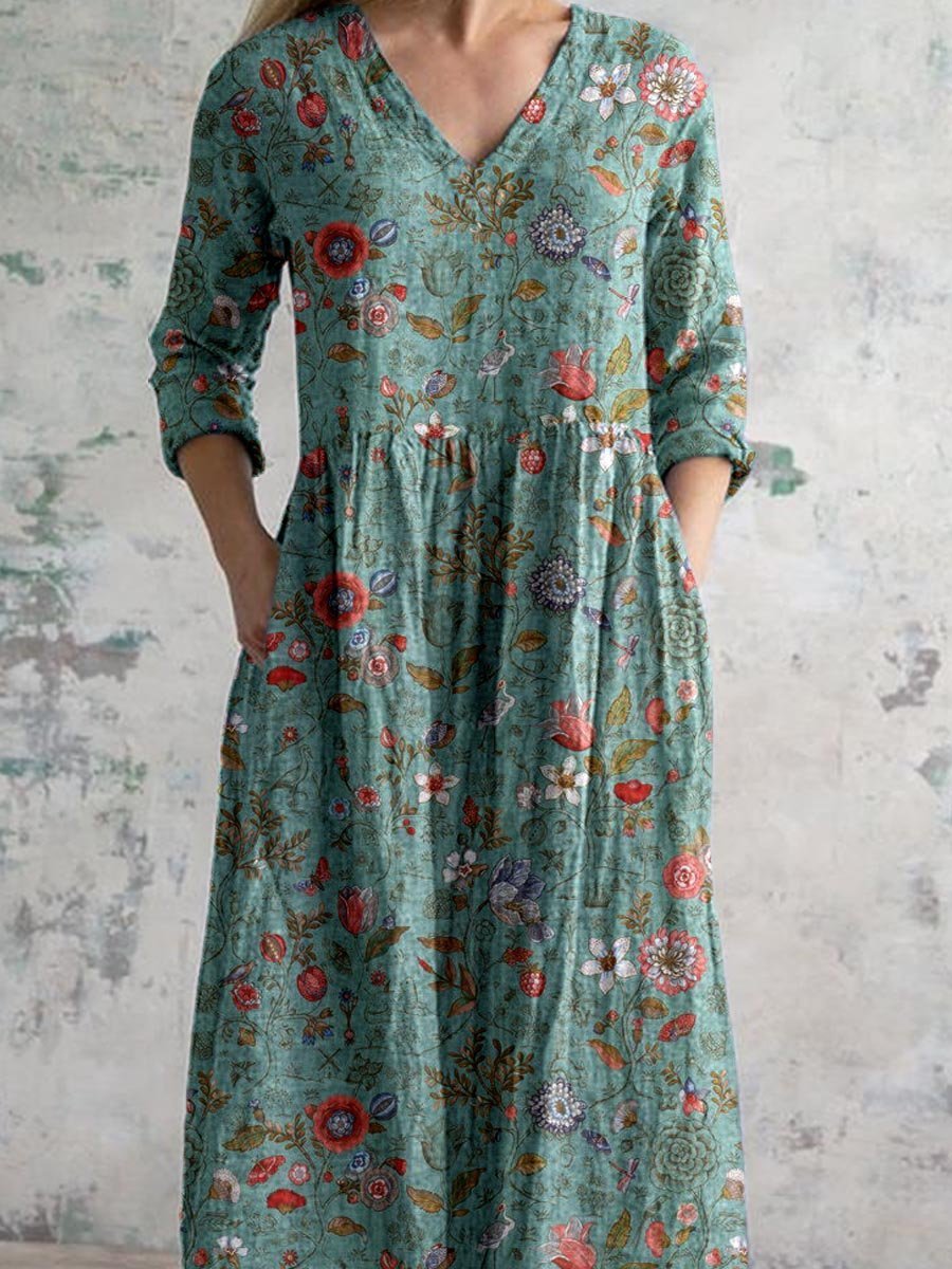 Women’s Bohemian Maxi Dress with Pockets and Wildflower Print 1