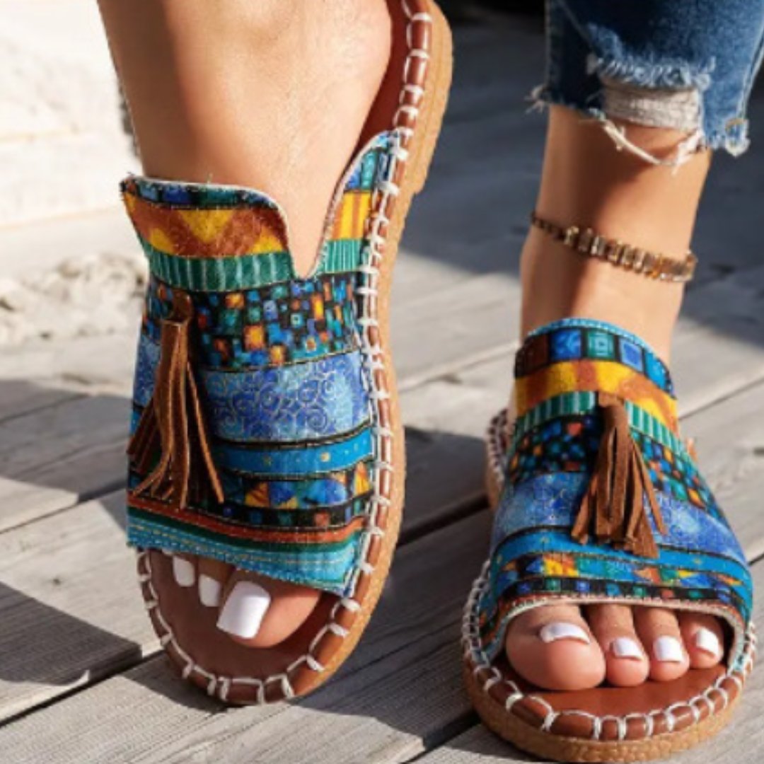 Women’s Bohemian Slide Sandals Open Toe with Tassel Detail 1