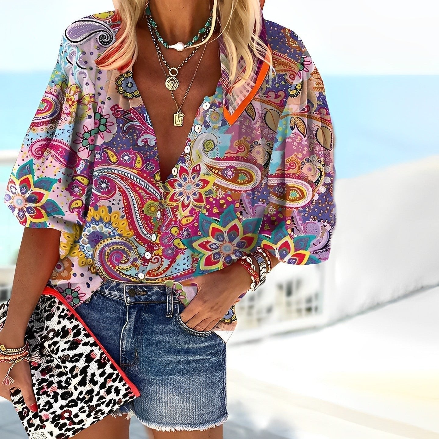 Women’s Bohemian V-Neck Blouse Colorful Paisley Print 0