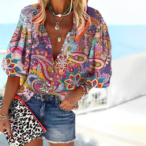Women’s Bohemian V-Neck Blouse Colorful Paisley Print 0