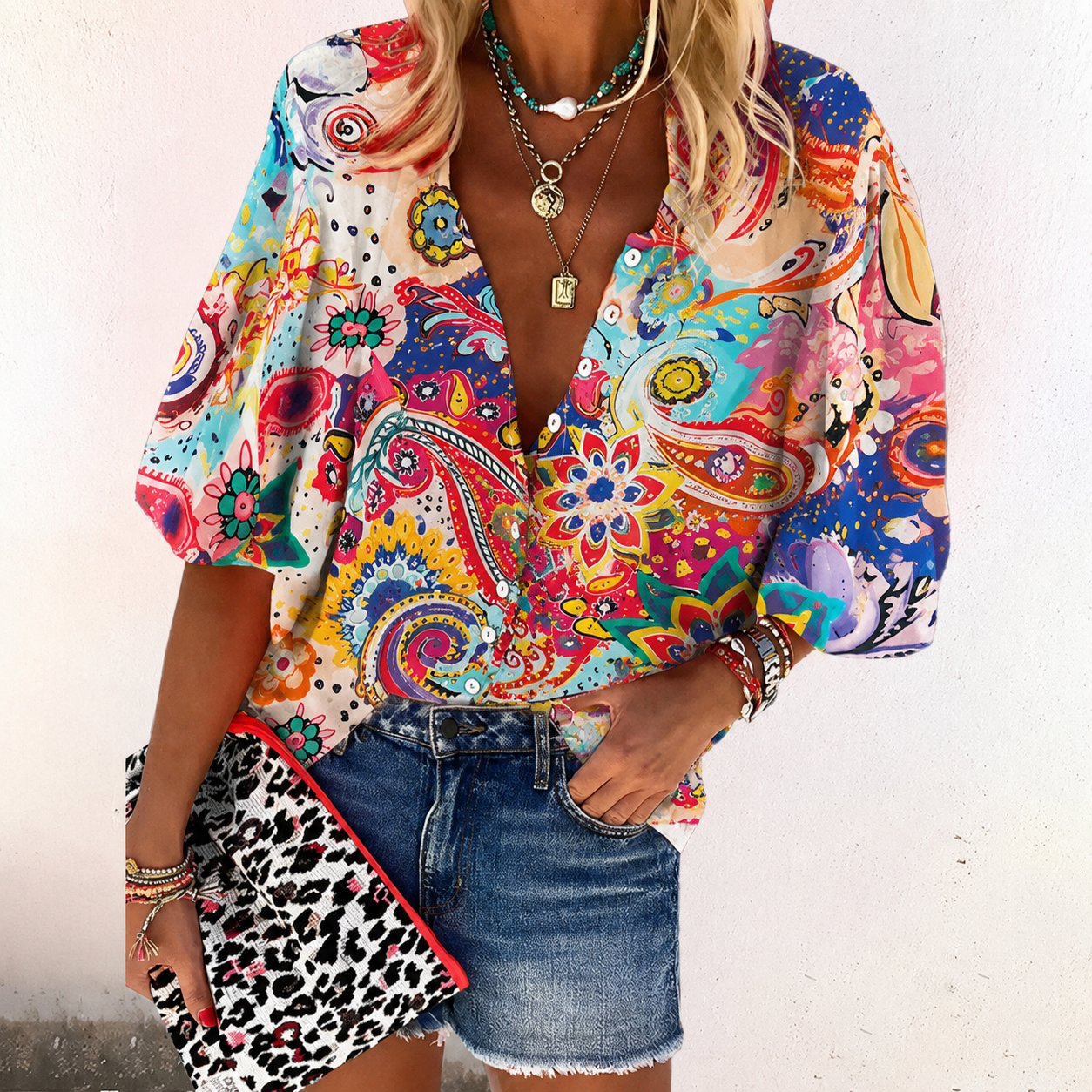 Women’s Boho Floral Blouse Relaxed Fit Long Sleeve V-Neck 1