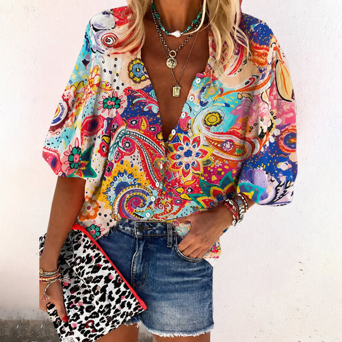 Women’s Boho Floral Blouse Relaxed Fit Long Sleeve V-Neck 1