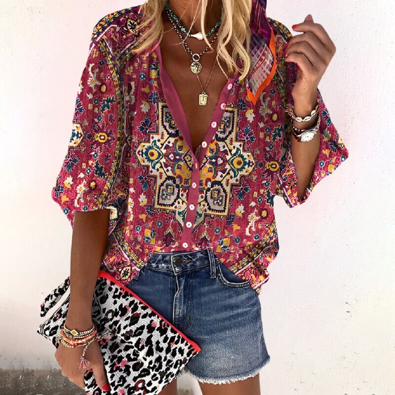 Women’s Boho Floral Blouse Relaxed Fit Long Sleeve V-Neck 2