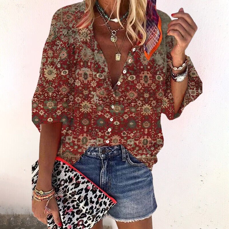 Women’s Boho Floral Blouse Relaxed Fit Long Sleeve V-Neck 3