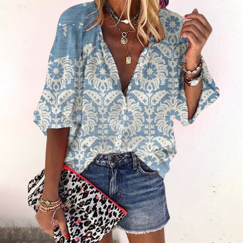Women’s Boho Floral Blouse Relaxed Fit Long Sleeve V-Neck 4