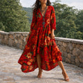 Women’s Boho Floral Midi Dress Relaxed Fit Style 0