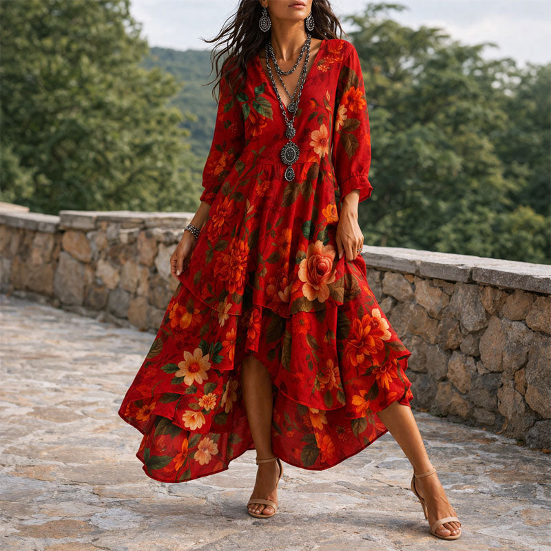 Women’s Boho Floral Midi Dress Relaxed Fit Style 0