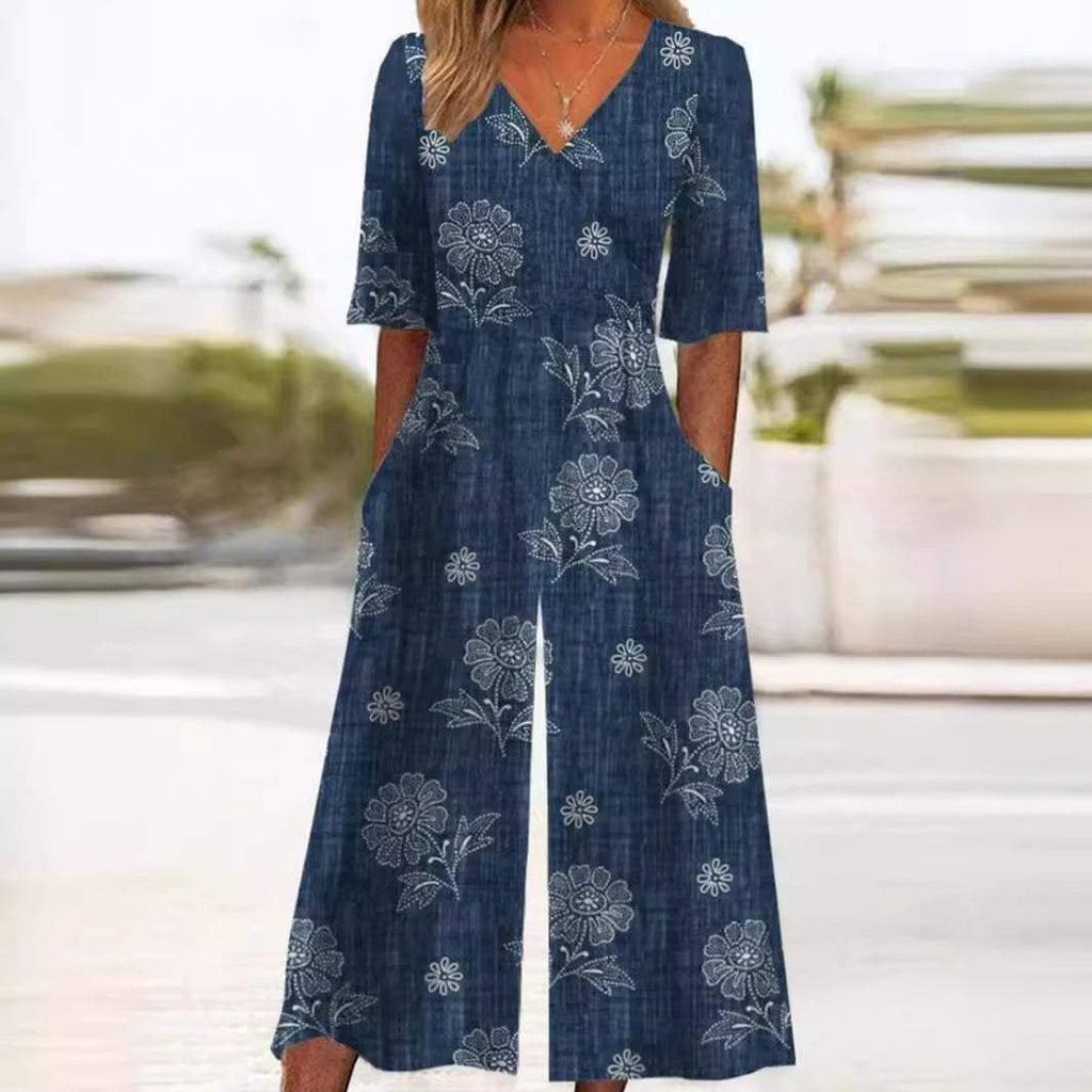 Women’s Boho Floral Print Wide-Leg Jumpsuit Relaxed Fit 0