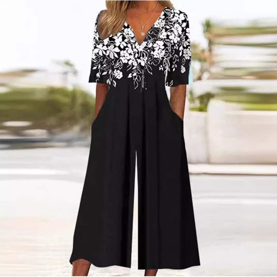 Women’s Boho Floral Print Wide-Leg Jumpsuit Relaxed Fit 4