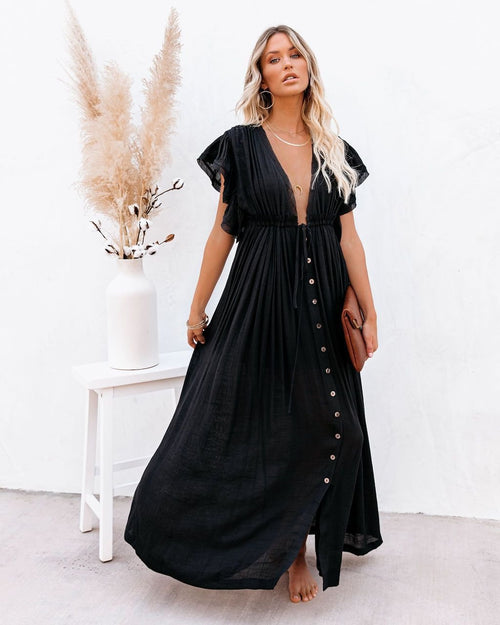 Women’s Boho Maxi Dress Deep V-Neck Ruffled Sleeves 0