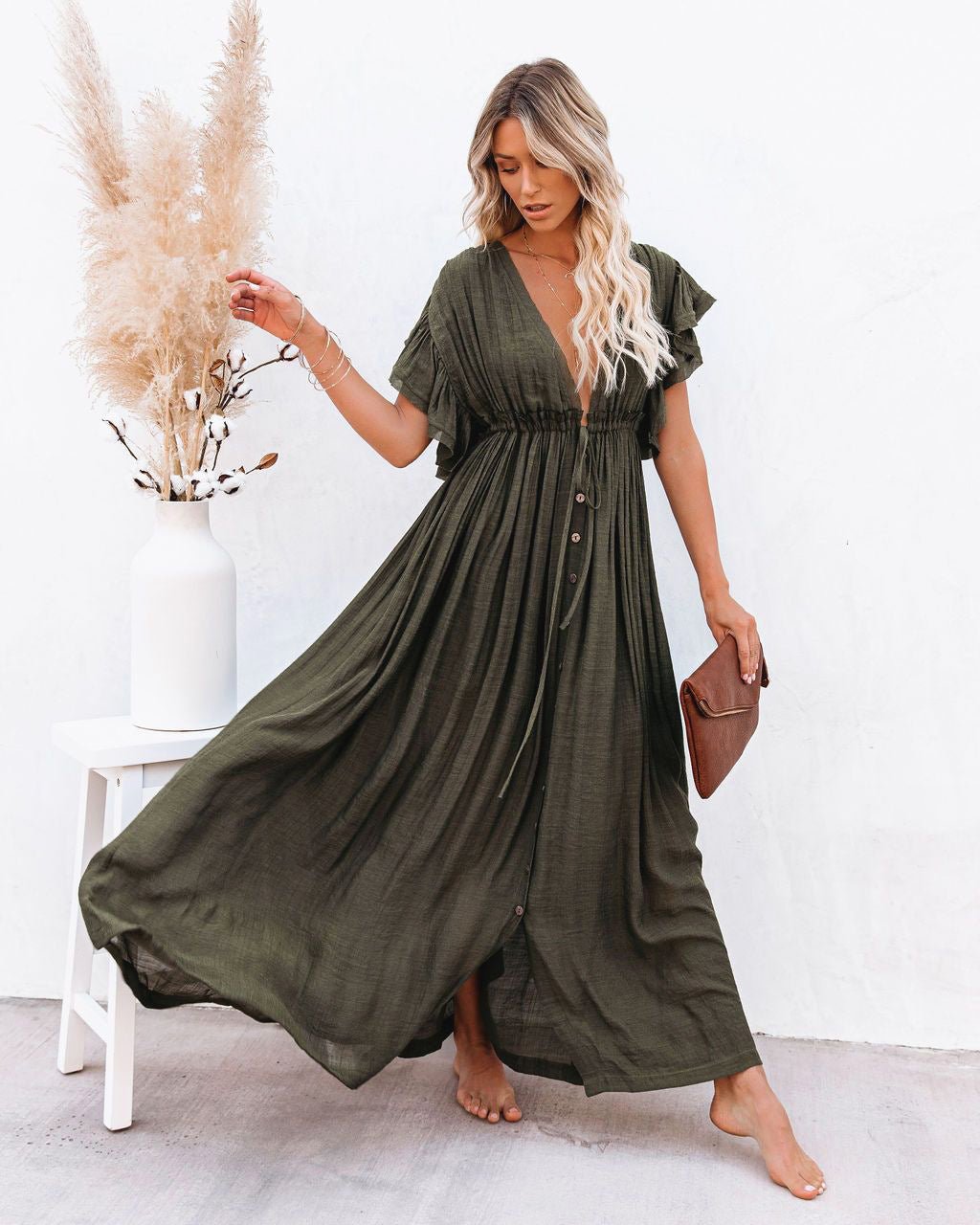 Women’s Boho Maxi Dress Deep V-Neck Ruffled Sleeves 2