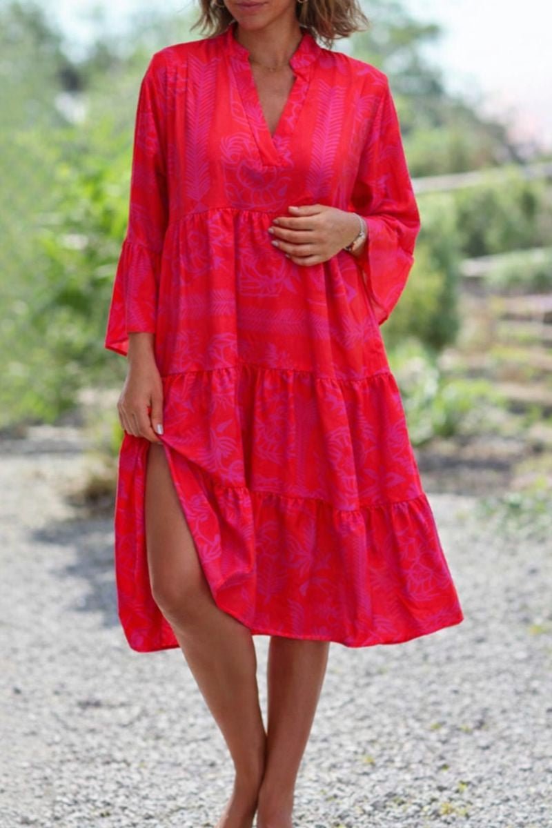 Women’s Boho Maxi Dress Flowy V-Neck Tiered Design 0