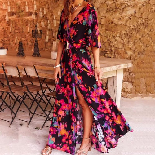Women’s Boho Maxi Dress Flowy Wrap Style with Leopard Print 0