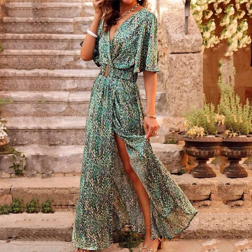 Women’s Boho Maxi Dress Flowy Wrap Style with Leopard Print 1