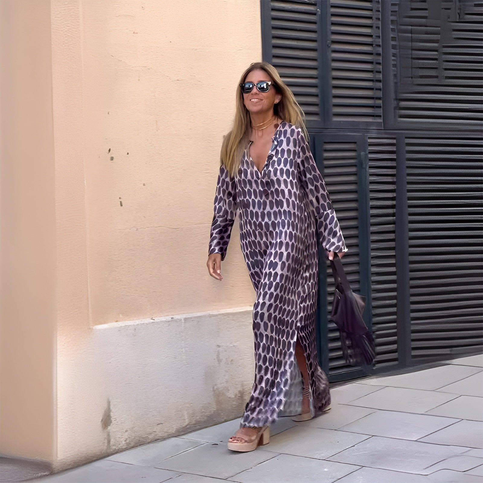 Women’s Boho Maxi Dress Long Sleeve V-Neck Flowing Style 0