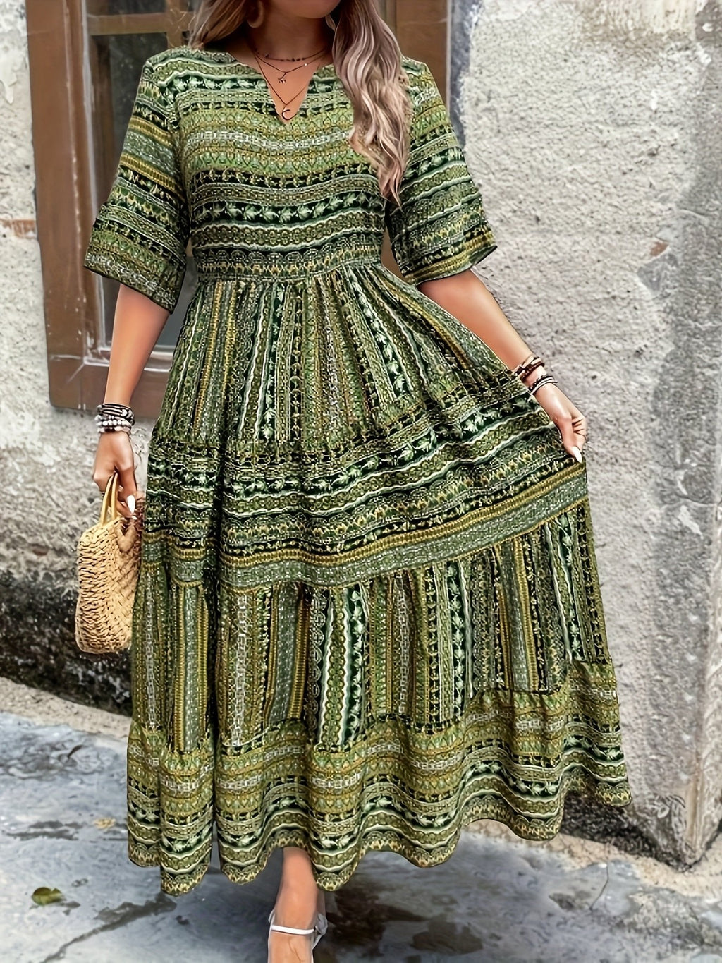 Women’s Boho Maxi Dress Printed V-Neck Tiered Style 0