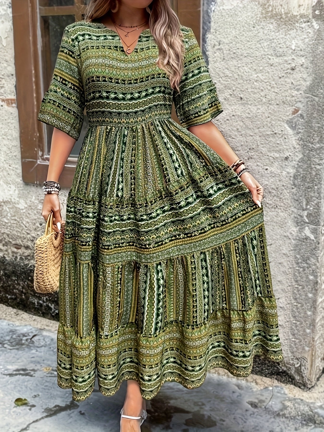 Women’s Boho Maxi Dress Printed V-Neck Tiered Style 0