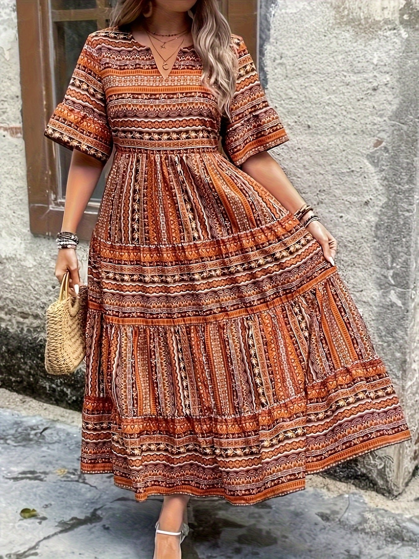 Women’s Boho Maxi Dress Printed V-Neck Tiered Style 2