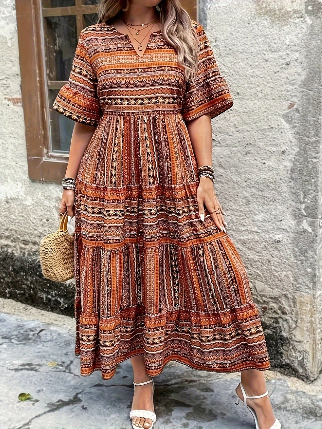 Women’s Boho Maxi Dress Printed V-Neck Tiered Style 3
