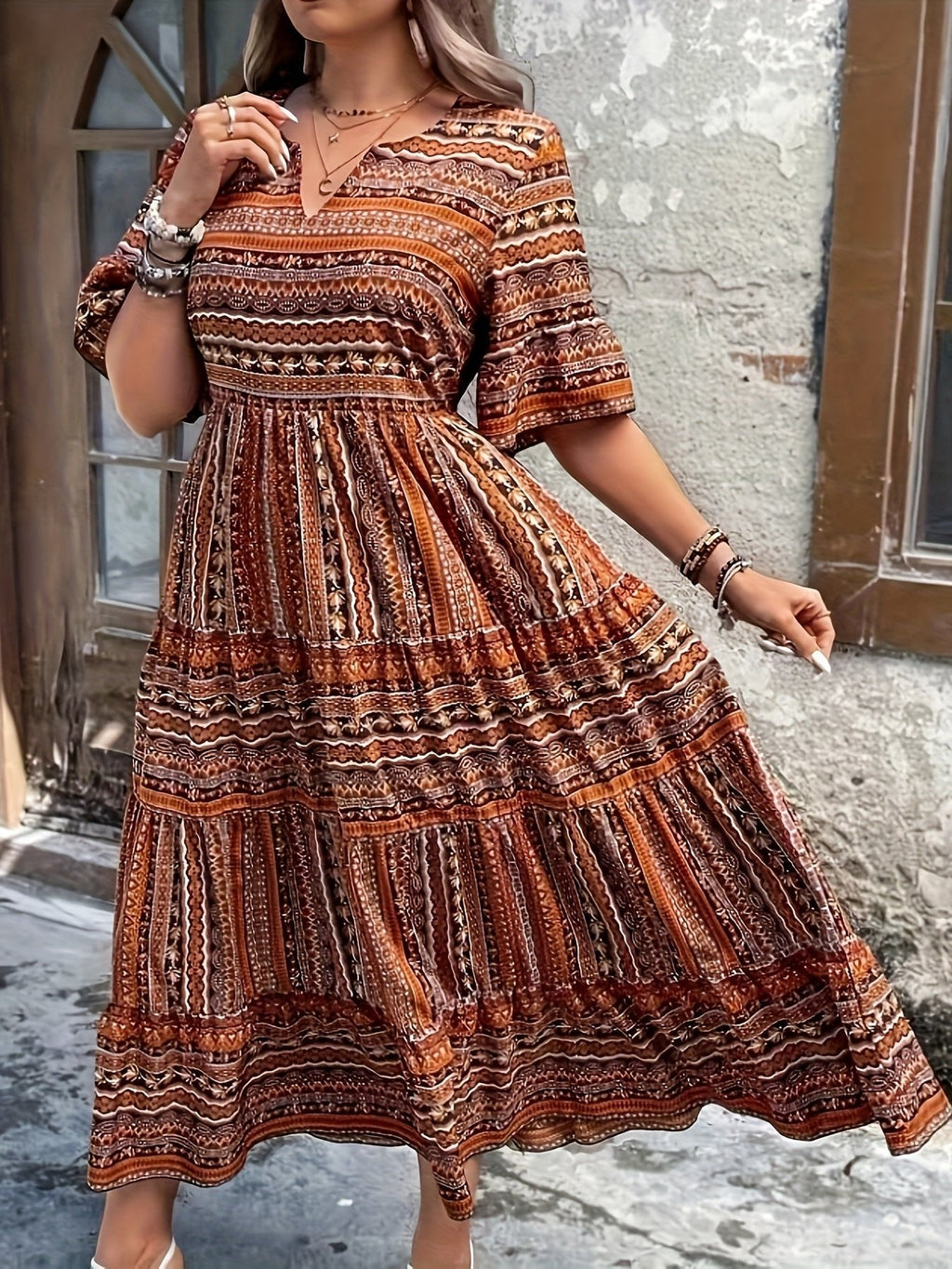 Women’s Boho Maxi Dress Printed V-Neck Tiered Style 4