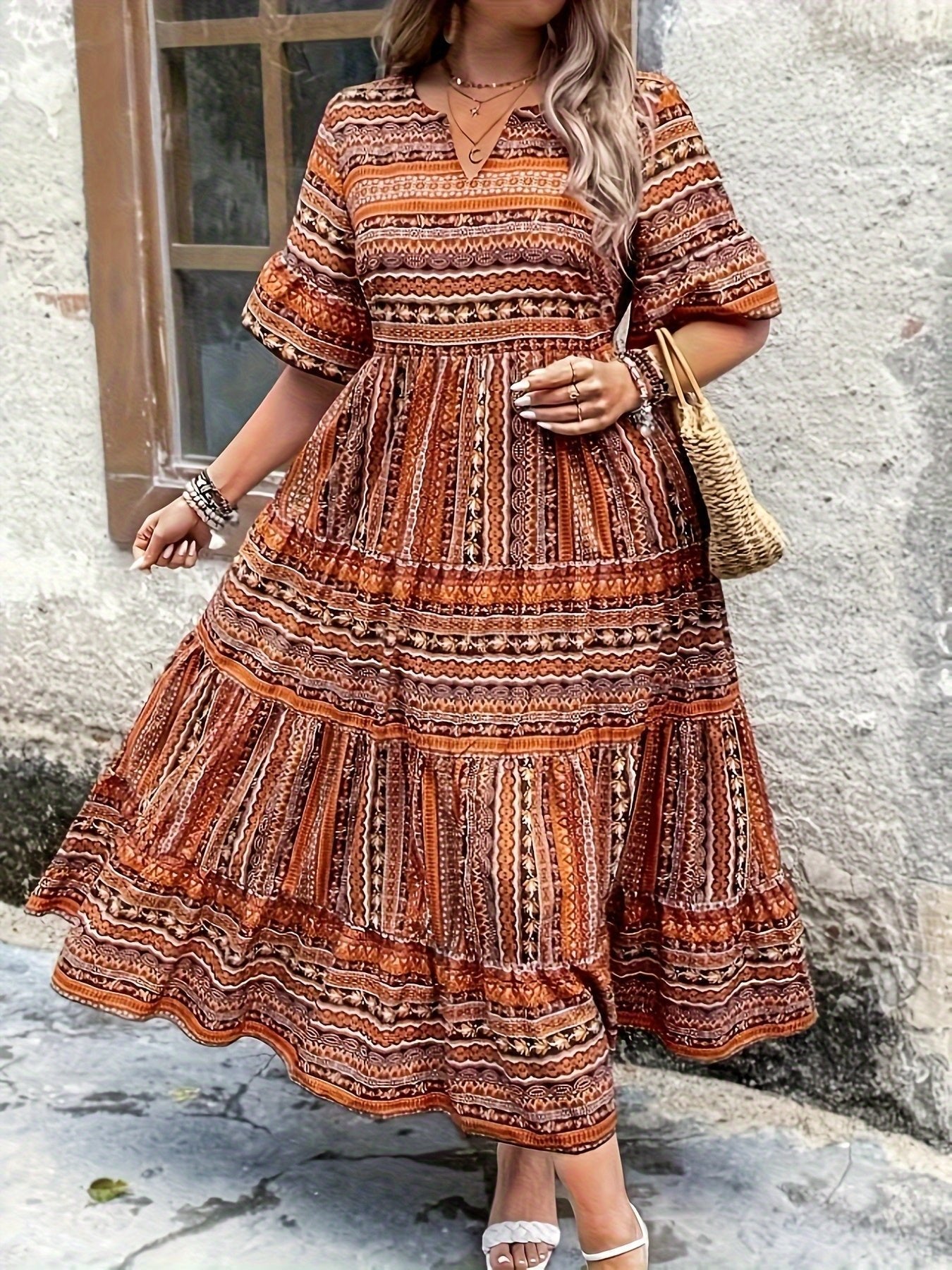 Women’s Boho Maxi Dress Printed V-Neck Tiered Style 5