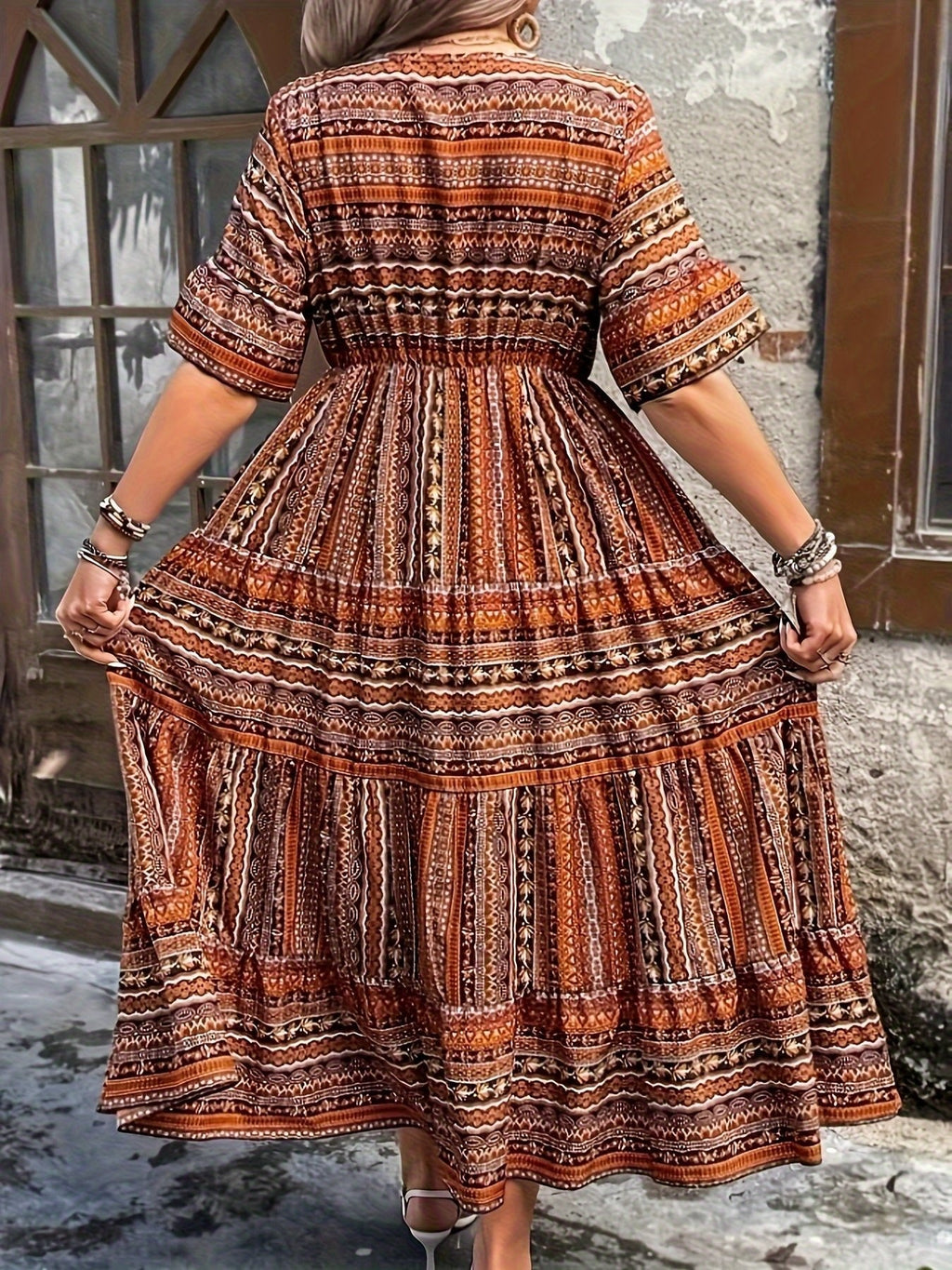 Women’s Boho Maxi Dress Printed V-Neck Tiered Style 6