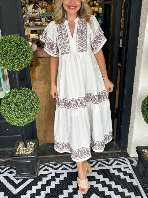 Women’s Boho Maxi Dress V-Neck Embroidered Flowing Style 1
