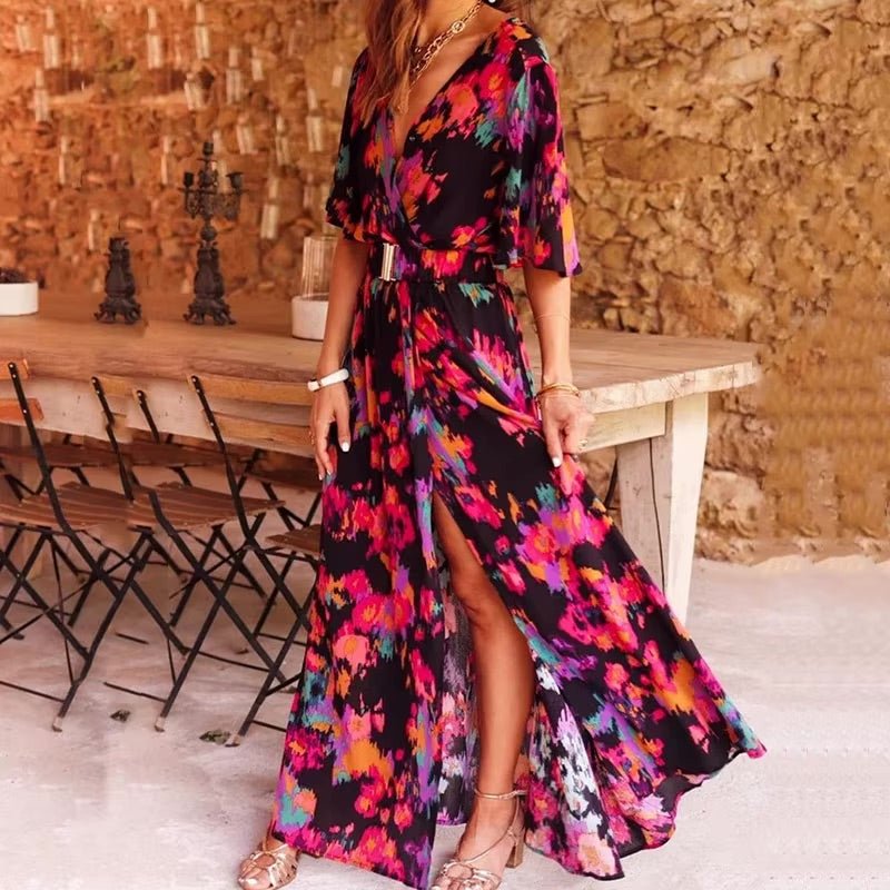 Women’s Boho Maxi Dress V-Neck Long Sleeve Summer Style 0