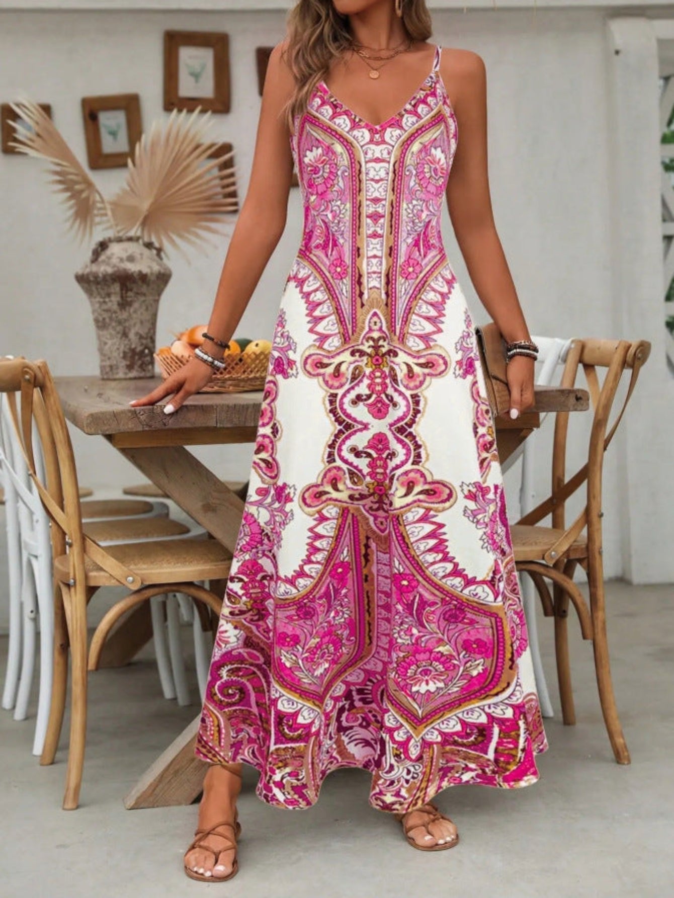 Women’s Boho Maxi Dress V-Neck Spaghetti Strap Design 1