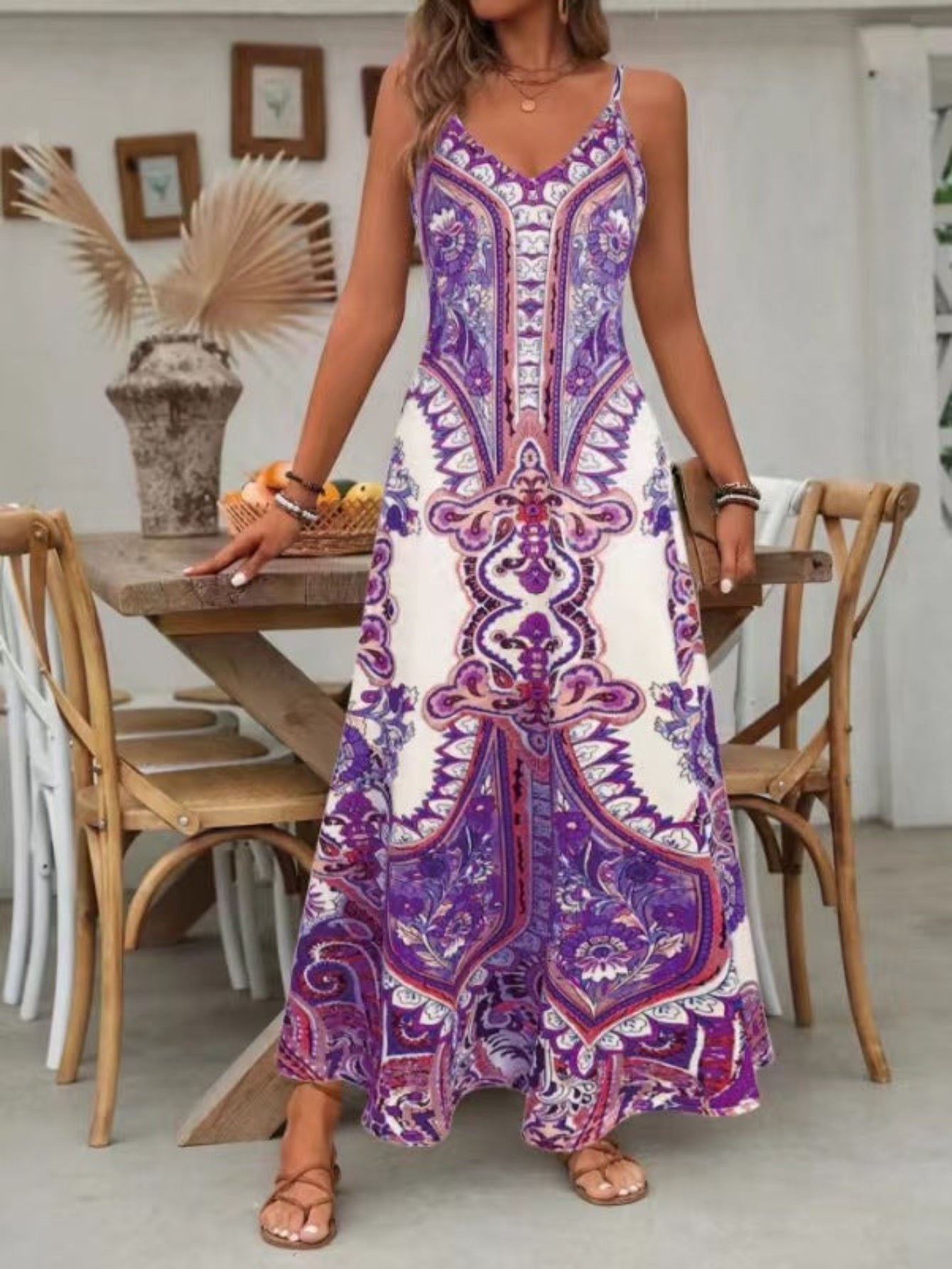 Women’s Boho Maxi Dress V-Neck Spaghetti Strap Design 2