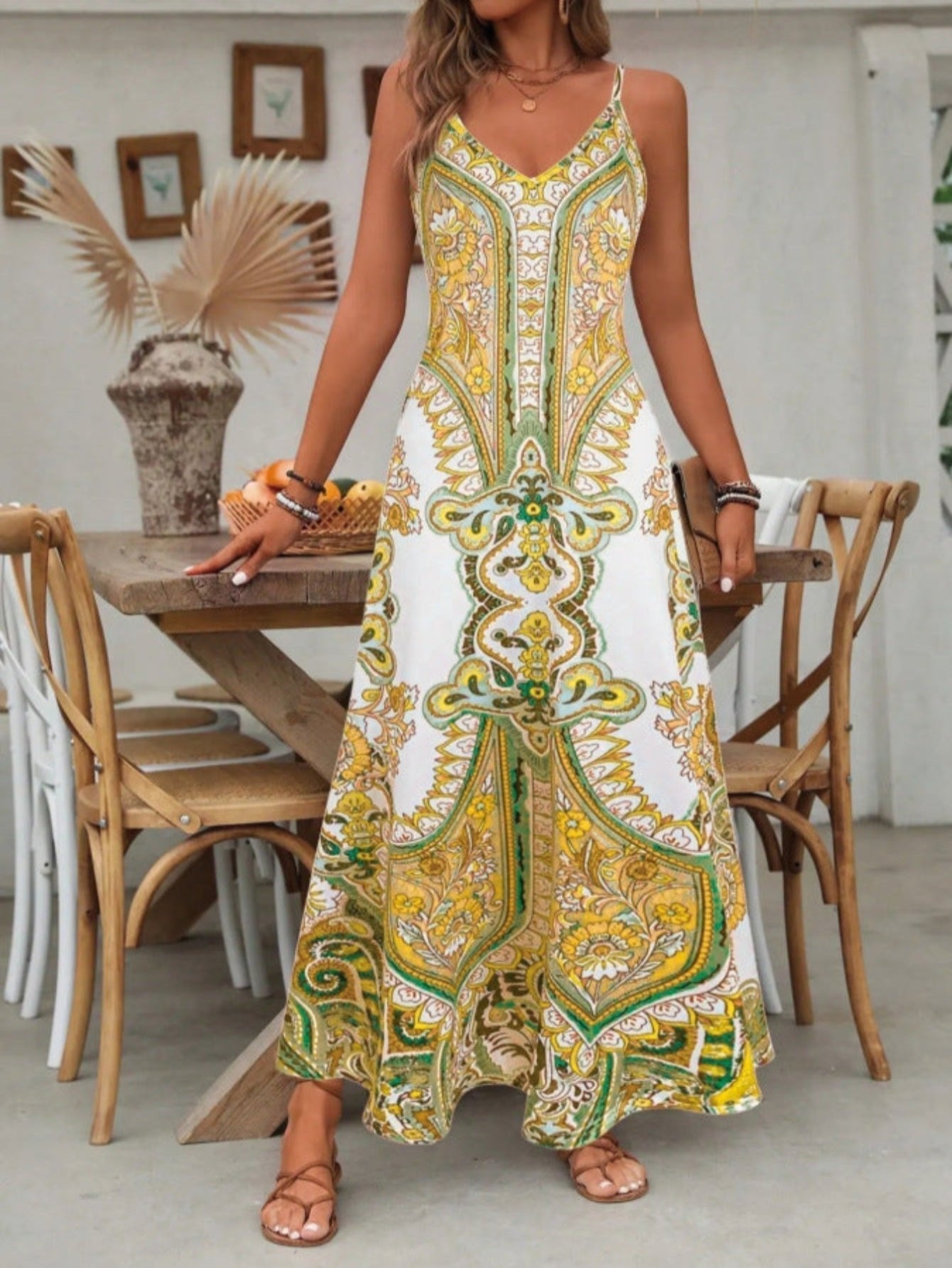 Women’s Boho Maxi Dress V-Neck Spaghetti Strap Design 3