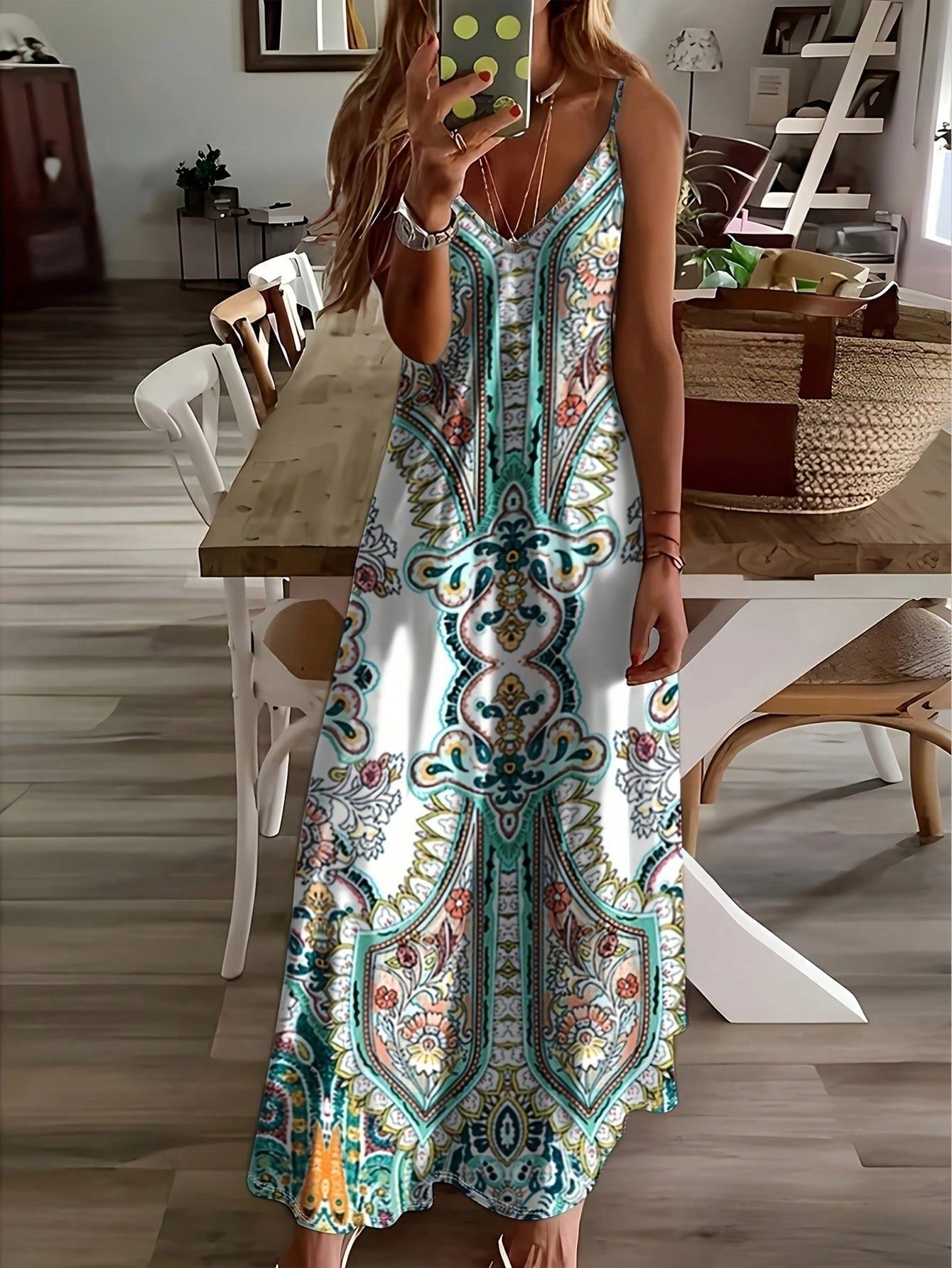 Women’s Boho Maxi Dress V-Neck Spaghetti Strap Design 5