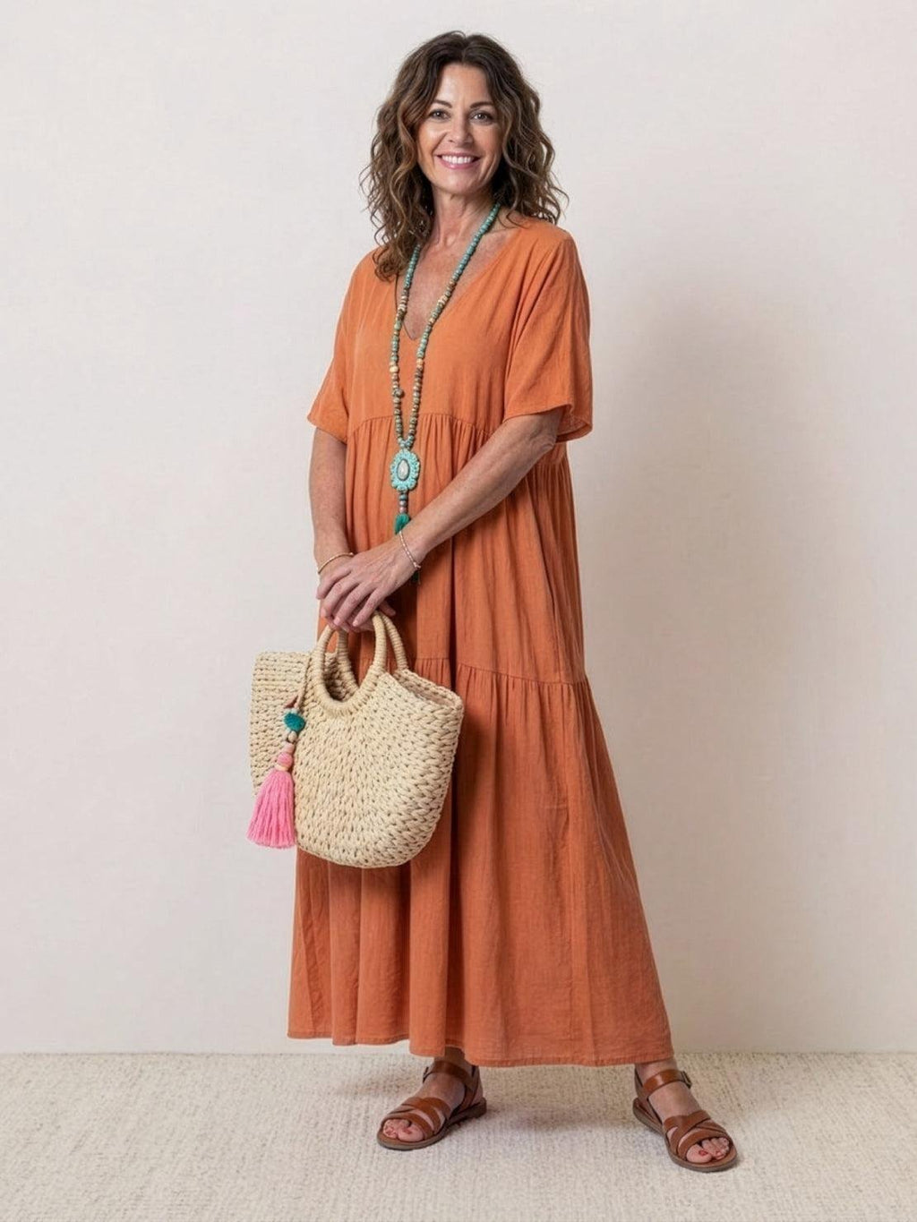 Women’s Boho Maxi Dress V-Neck Tiered Design 0
