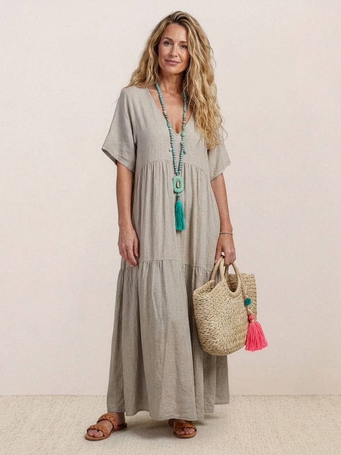 Women’s Boho Maxi Dress V-Neck Tiered Design 2