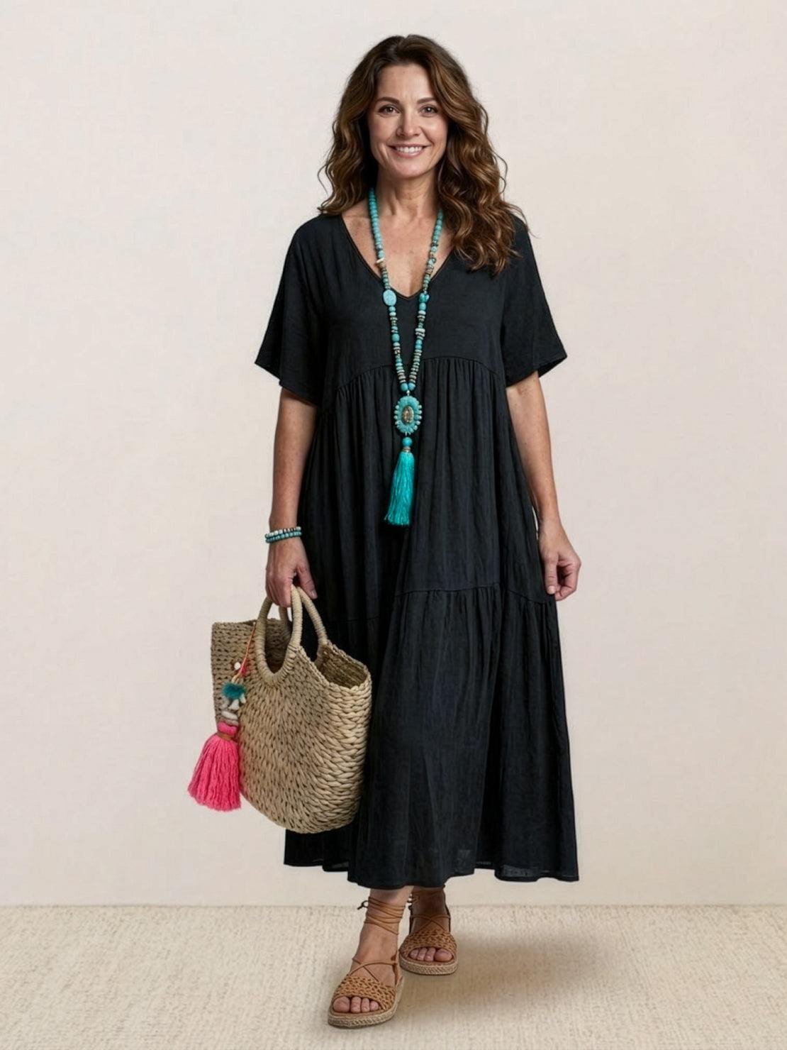 Women’s Boho Maxi Dress V-Neck Tiered Design 3