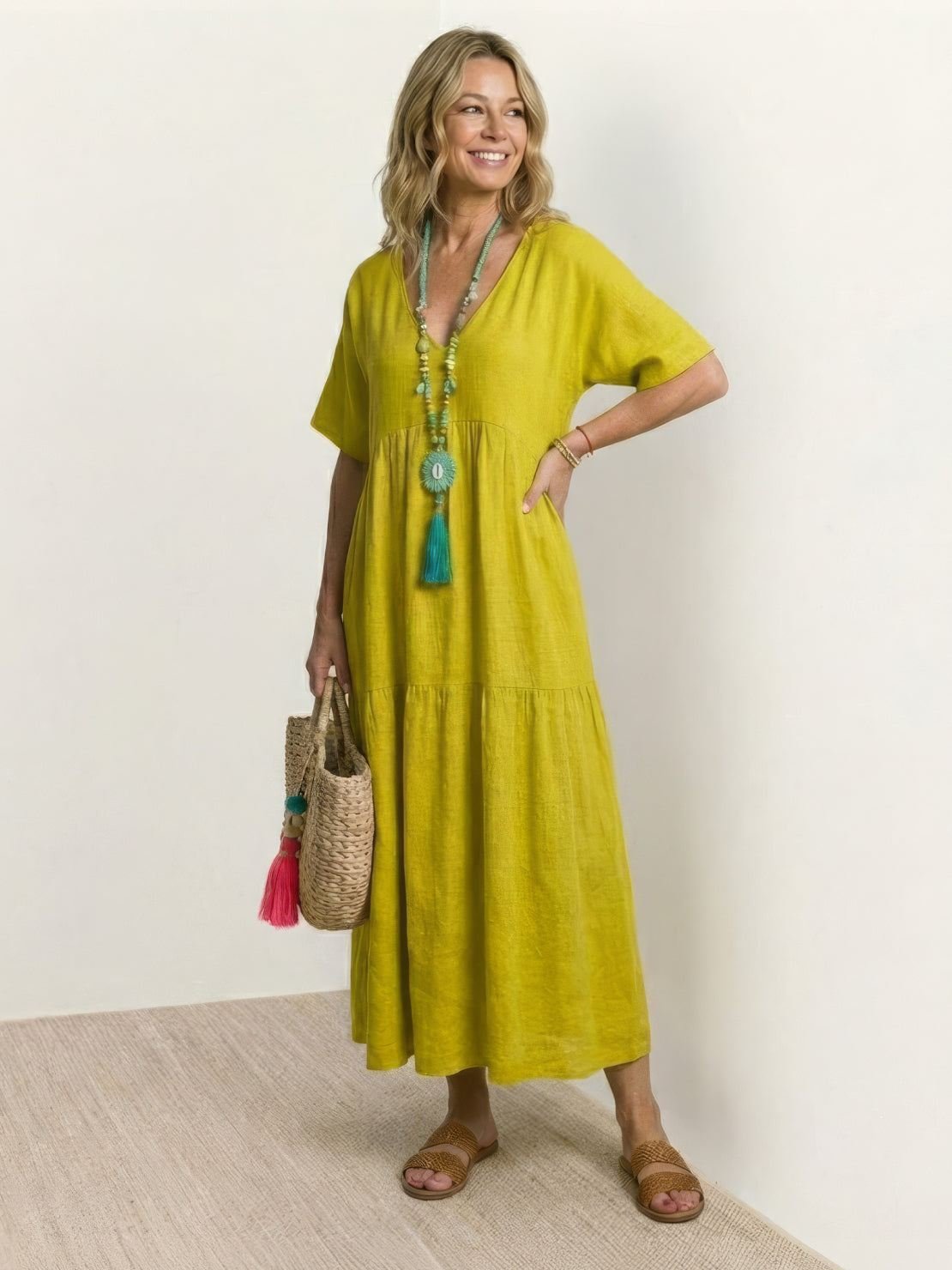 Women’s Boho Maxi Dress V-Neck Tiered Design 7