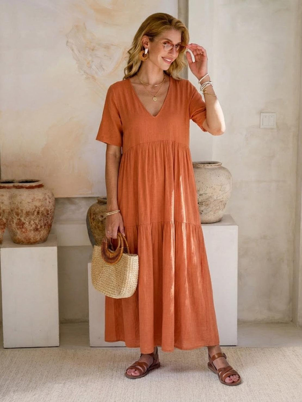 Women’s Boho Maxi Dress V-Neck Tiered Design 8