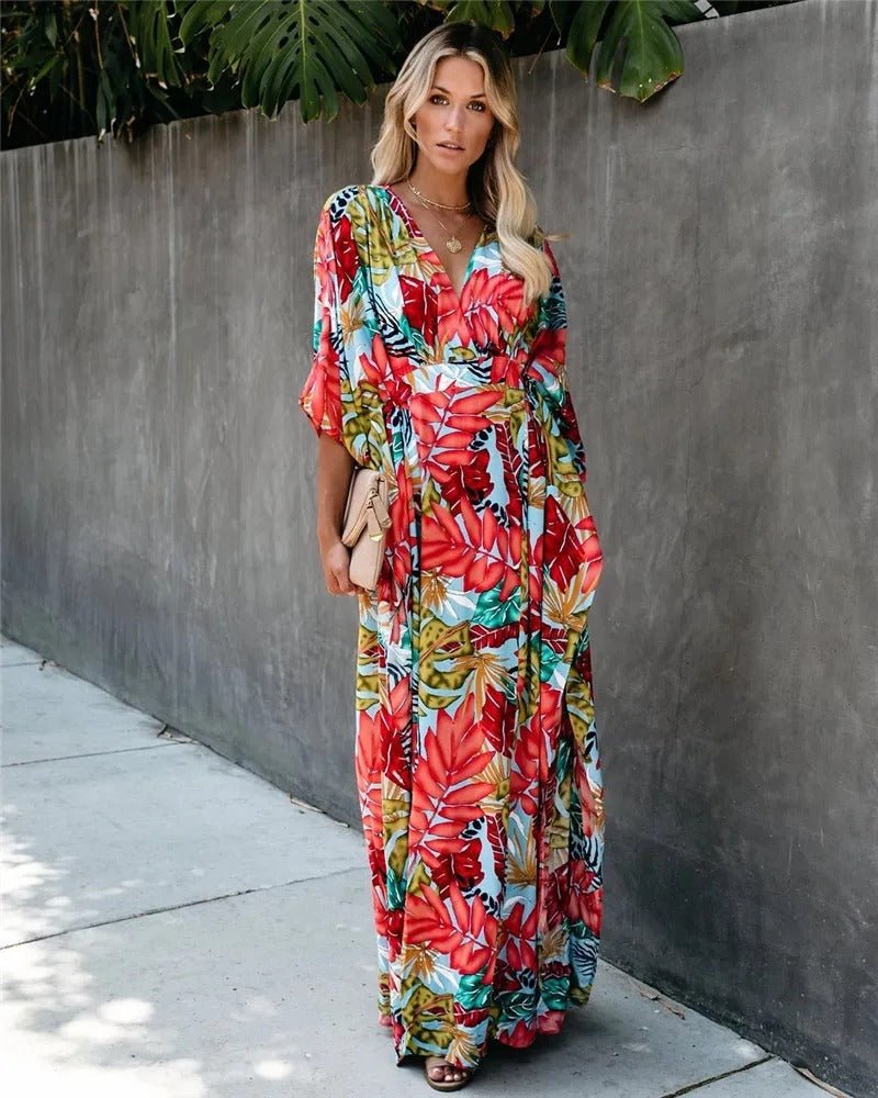 Women’s Boho Maxi Dress V-Neck Tropical Print Design 1