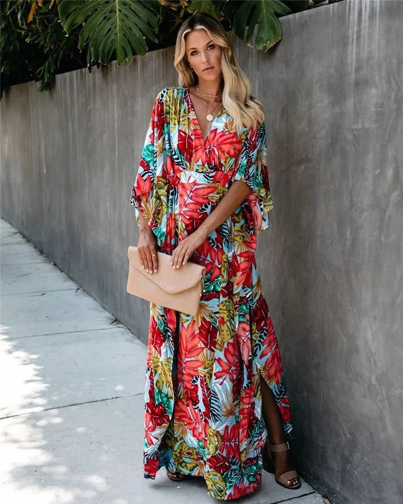 Women’s Boho Maxi Dress V-Neck Tropical Print Design 3