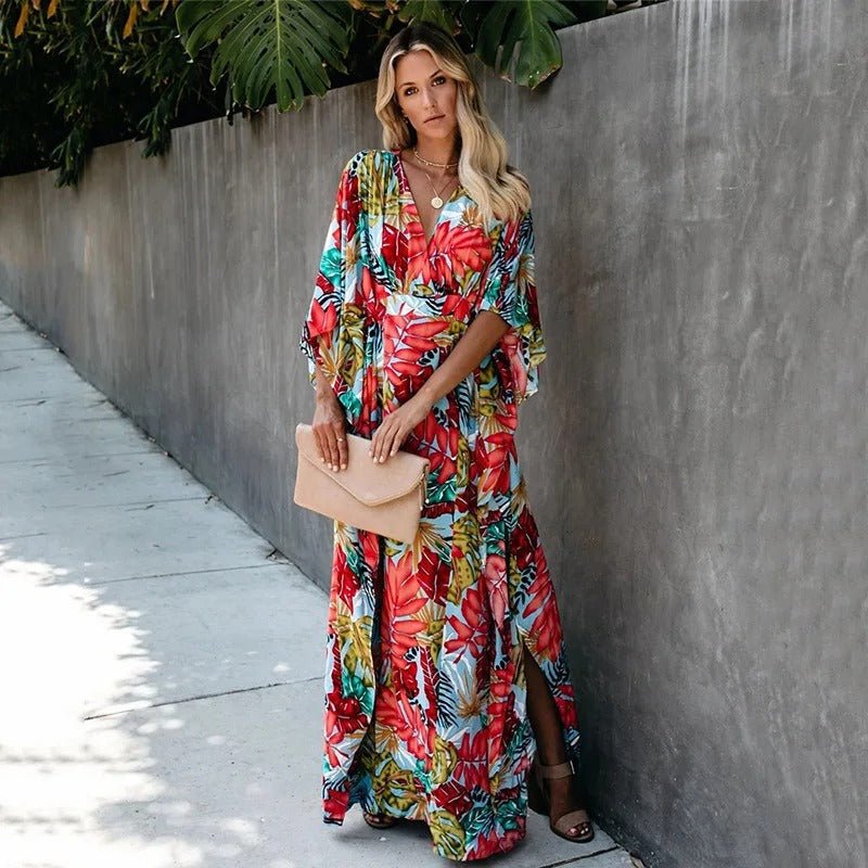 Women’s Boho Maxi Dress V-Neck Tropical Print Design 4