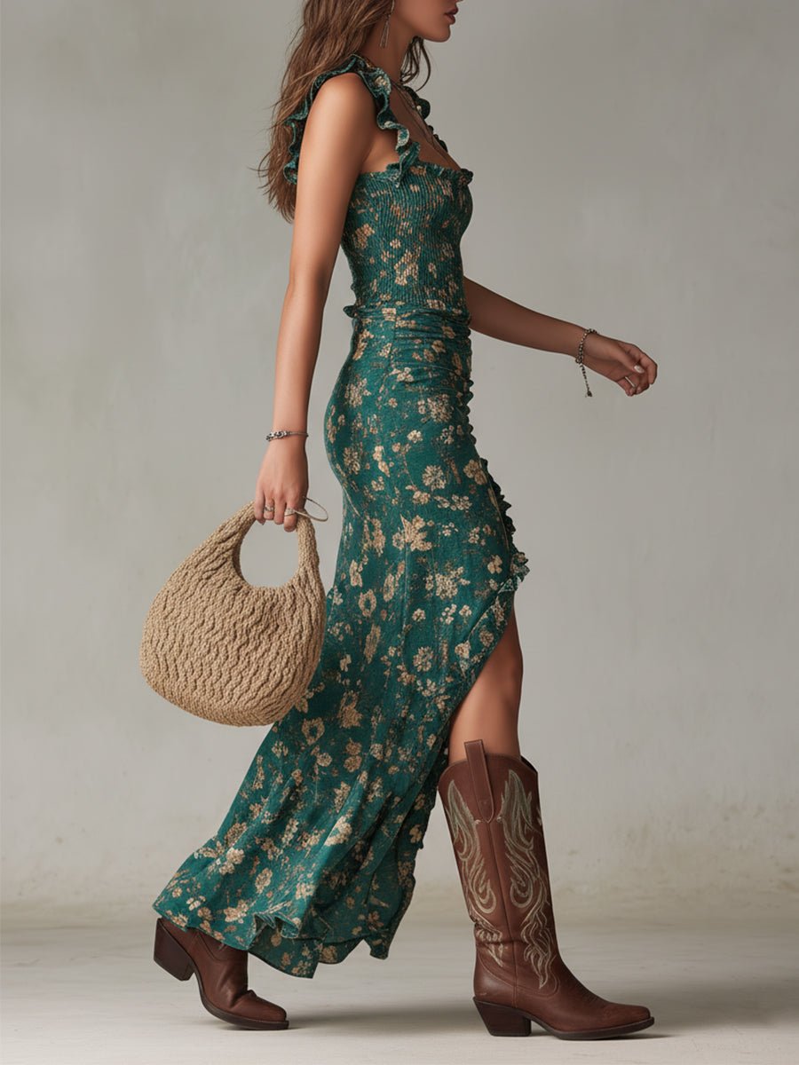 Women’s Boho Maxi Dress with Ruffle Straps and Flattering Smocked Bodice 1