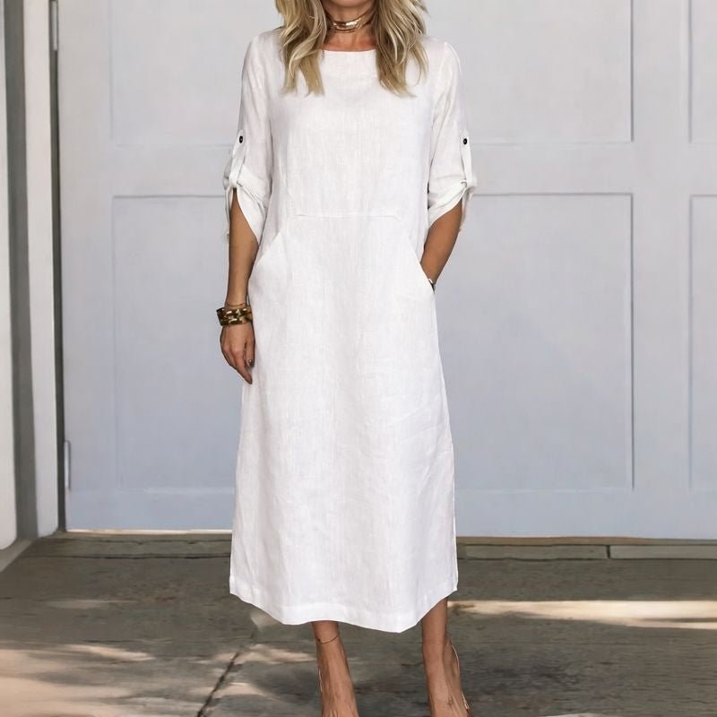 Women’s Boho Midi Dress A-Line Relaxed Fit with Roll-Up Sleeves 0