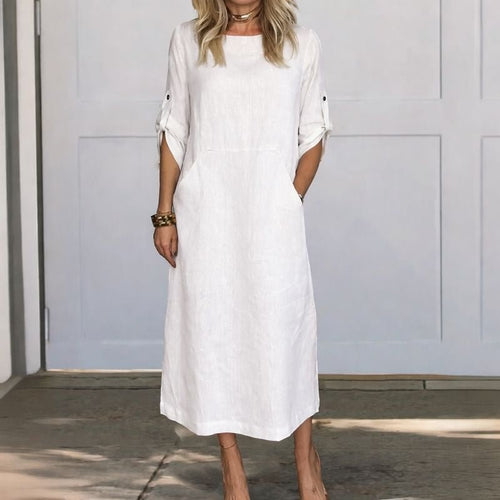 Women’s Boho Midi Dress A-Line Relaxed Fit with Roll-Up Sleeves 0