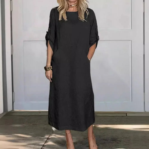 Women’s Boho Midi Dress A-Line Relaxed Fit with Roll-Up Sleeves 1