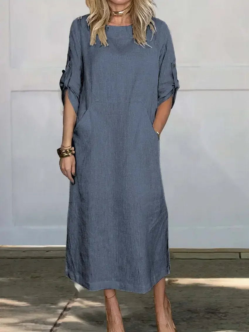Women’s Boho Midi Dress A-Line Relaxed Fit with Roll-Up Sleeves 2