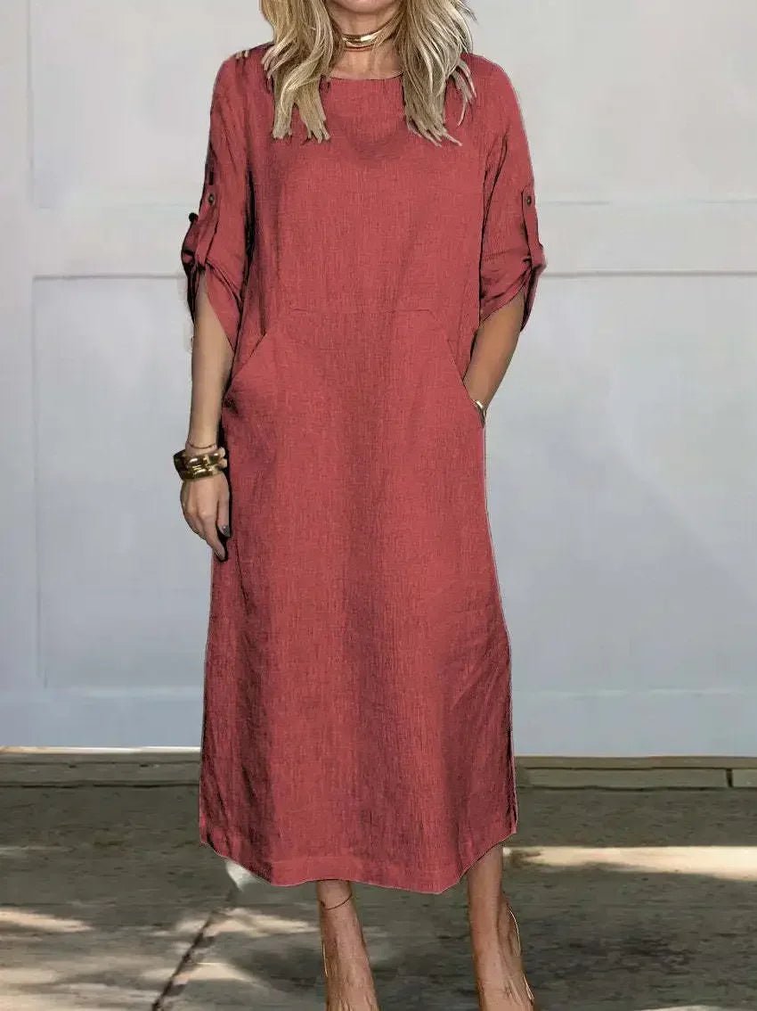 Women’s Boho Midi Dress A-Line Relaxed Fit with Roll-Up Sleeves 3