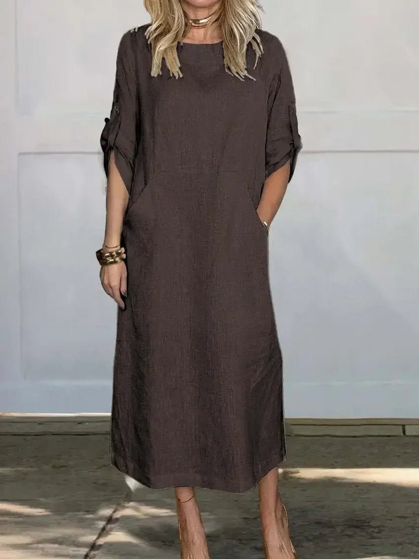 Women’s Boho Midi Dress A-Line Relaxed Fit with Roll-Up Sleeves 4
