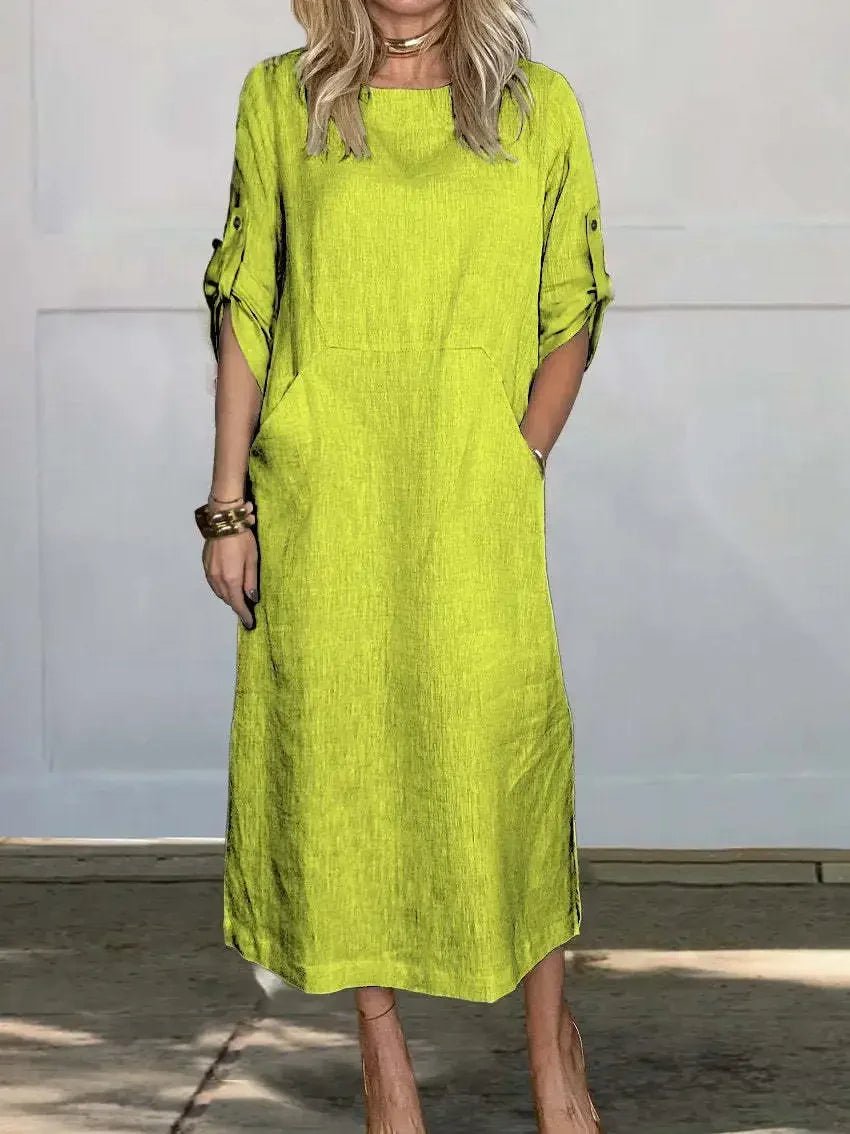 Women’s Boho Midi Dress A-Line Relaxed Fit with Roll-Up Sleeves 5